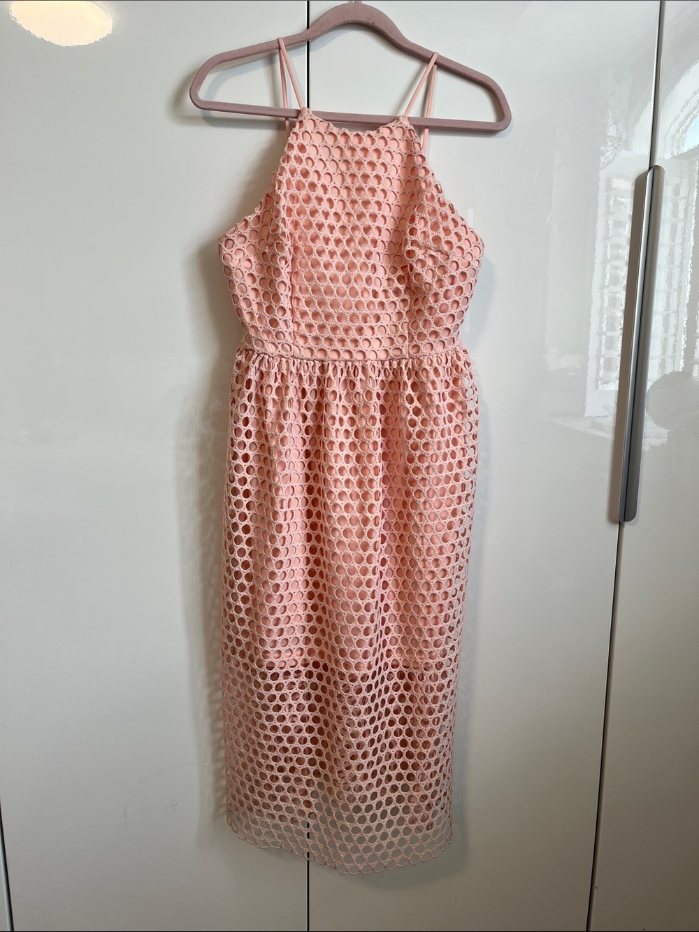 INA NWOT Pink Knit Eyelet Halter Backless Midi Dress, Size L